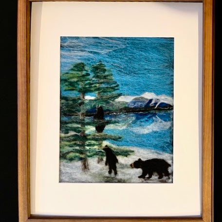 Bear Family in Pines  11x14" framed felt picture