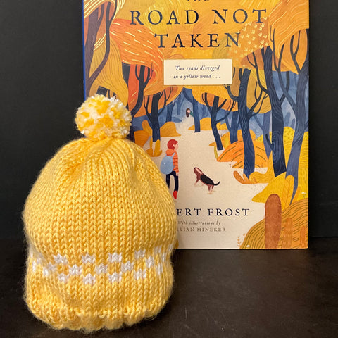 Knitted Yellow Baby/Toddler Hat with White and Pom Pom