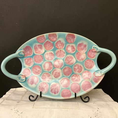 Md. Aqua & Pink Dots Oval Platter with Handles