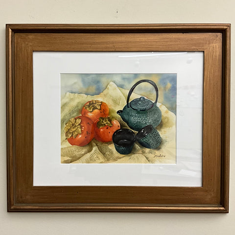 "Persimmons with Teapot”, Framed Original Watercolor