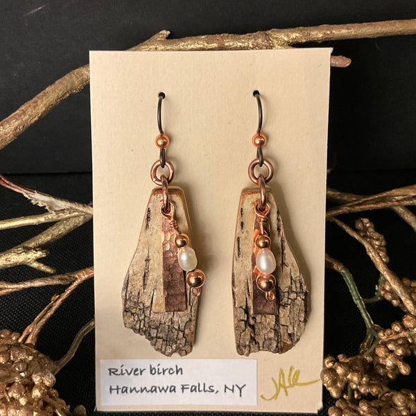 Live Edge Birch Earrings Copper and Pearl Beads #265