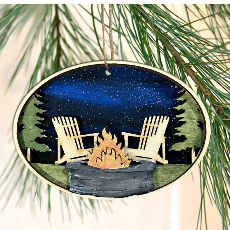Three Dimensional Die-Cut Wood ADK Chairs by the Fire Ornament