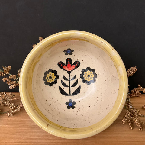 Mini Bowl Cream with Yellow Trim with Folk Flower