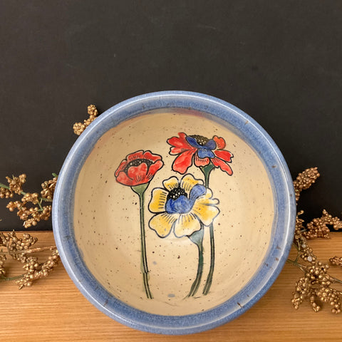 Mini Bowl Cream with Blue Trim 3 Flowers