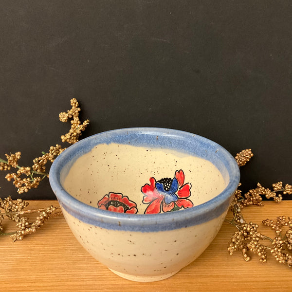 Mini Bowl Cream with Blue Trim 3 Flowers