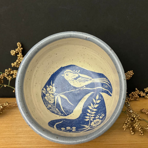 Mini Bowl Cream with Blue Trim with Blue Bird