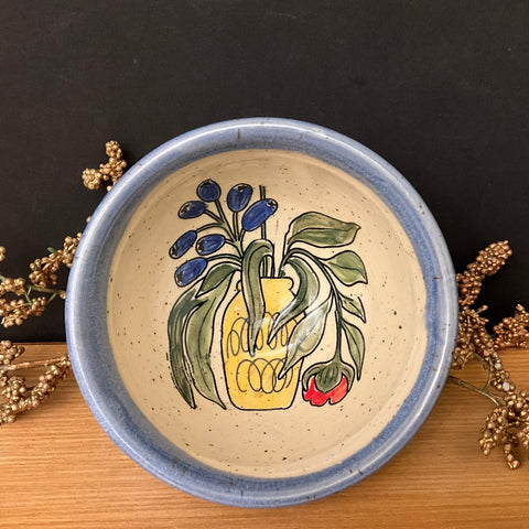 Mini Bowl Cream with Blue Trim Flowers in Vase