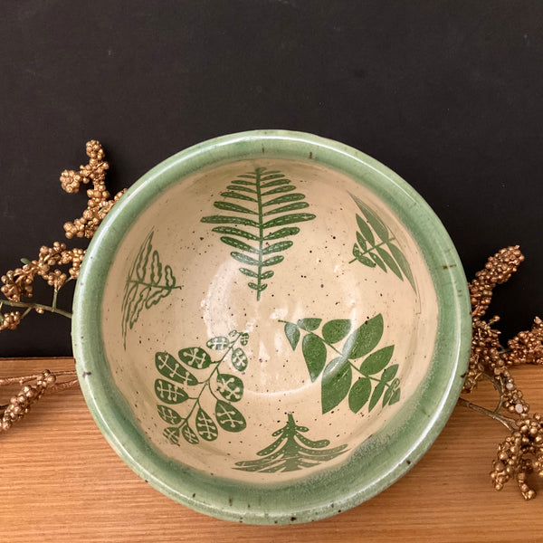 Mini Bowl Cream with Green Trim with Leaves