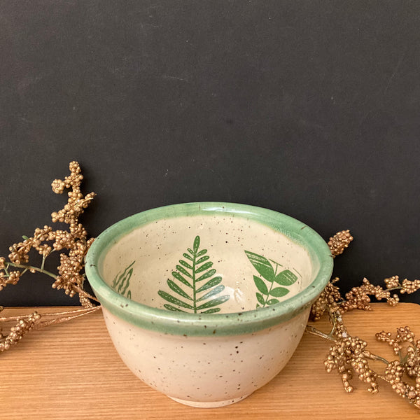 Mini Bowl Cream with Green Trim with Leaves