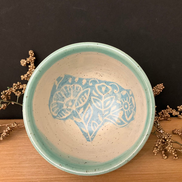 Mini Bowl Cream Turquoise Trim with Aqua Floral