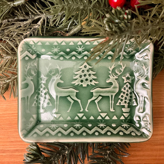 Trinket or Soap Dish Green Reindeer & Tree