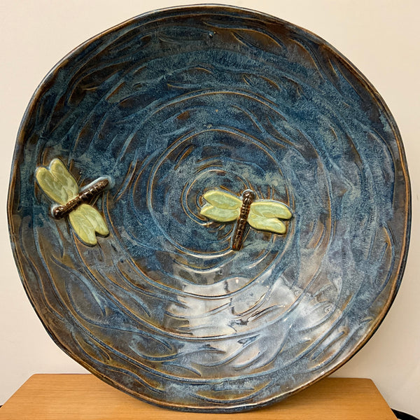 Large Blue Green Bowl With Dark Dragonflies