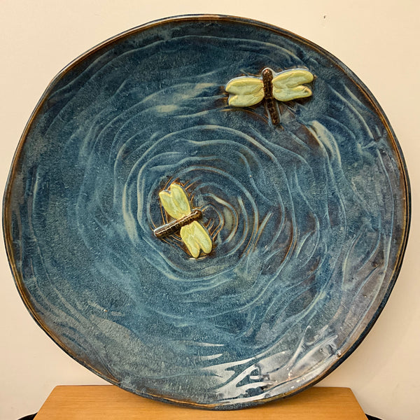 Extra Large Blue Green Bowl With Dark Dragonflies