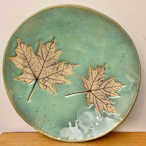 Turquoise Blue Plate with Maple Leaves