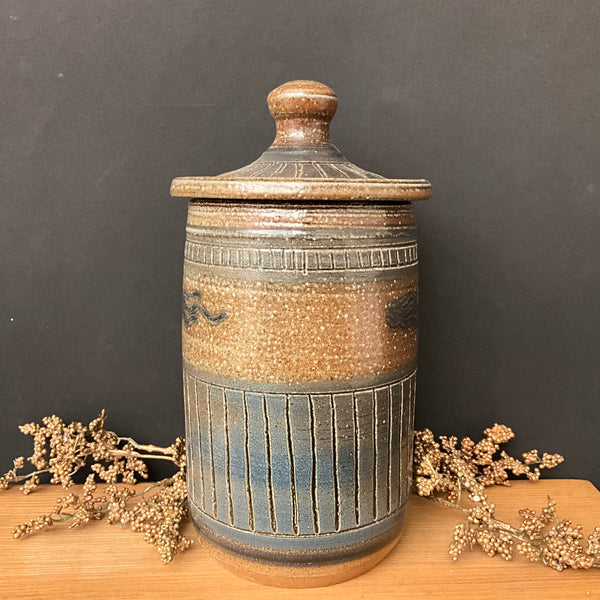 Tall Covered Jar - Brown & Grey Glaze with incised lines and creatures