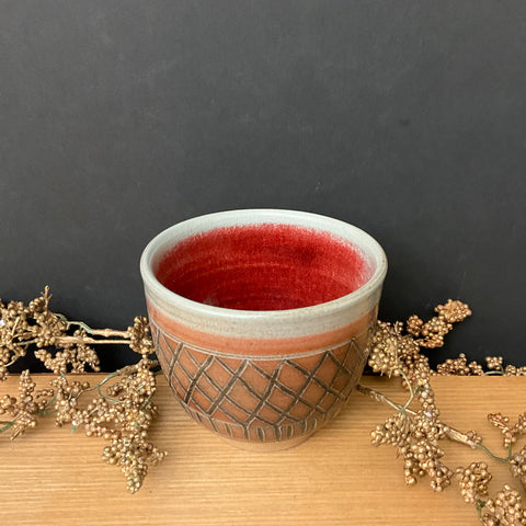 Grey & Red Ocher Salt Glazed Tea Bowl with diamond Pattern