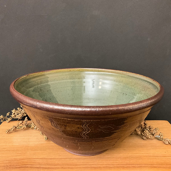 Brown & Olive Medium Salt Glazed Bowl with creatures