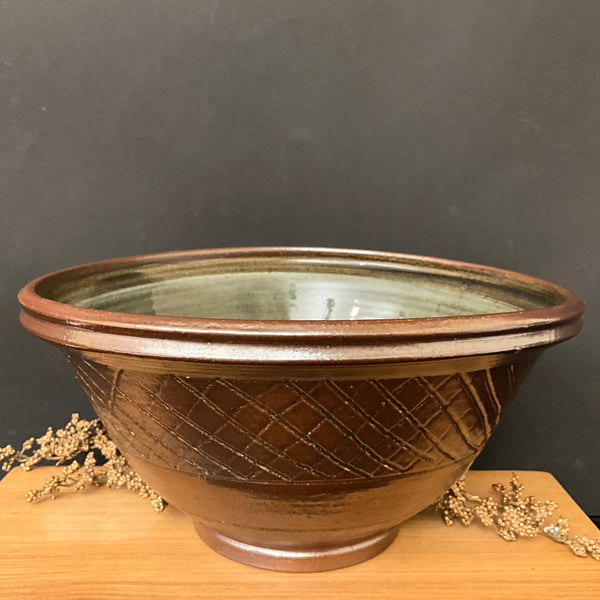 Large Salt Glazed Bowl - Dark Green Diamond pattern