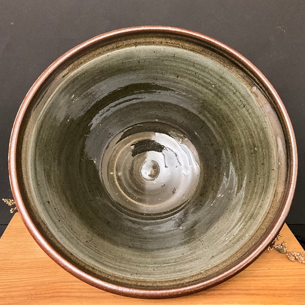 Large Salt Glazed Bowl - Dark Green Diamond pattern