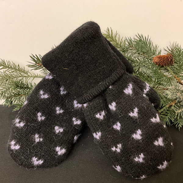 “Upcycled" Wool Mittens Black w Lavender Details