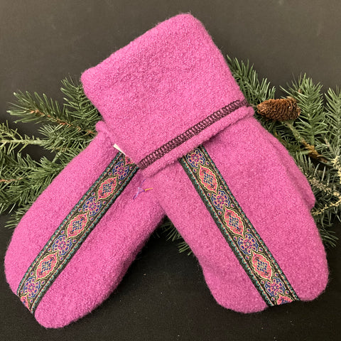 “Upcycled" Boiled Wool Mittens Fuchsia with Embroidered Ribbon