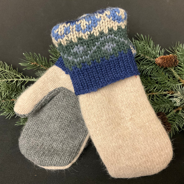 “Upcycled" Wool Mittens Cream w Green & Blues Patterned Cuff