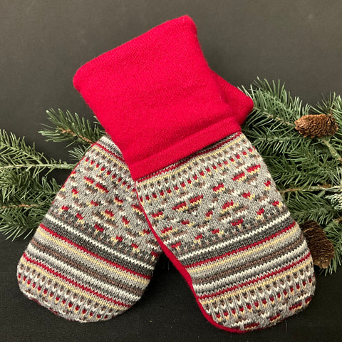 “Upcycled" Wool Mittens Multicolor Fairisle Pattern Cashmere Cuff