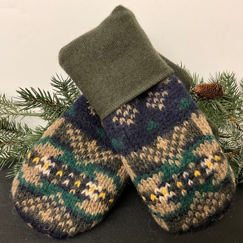 “Upcycled" Wool Mittens Olive, Navy, Evergreen & White