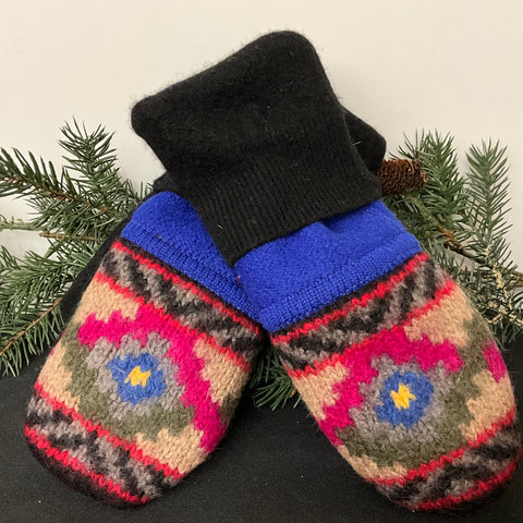 “Upcycled" Wool Mittens Bright Multicolors Two-tone Cuff