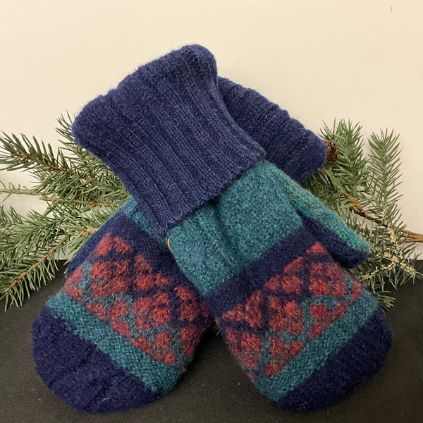 “Upcycled" Wool Mittens Green, Navy & Red Heather