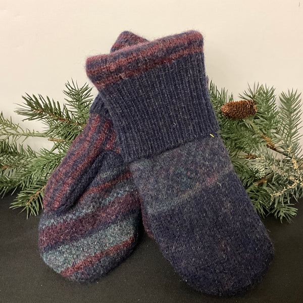 “Upcycled" Wool Mittens Blue, Rose Heathers