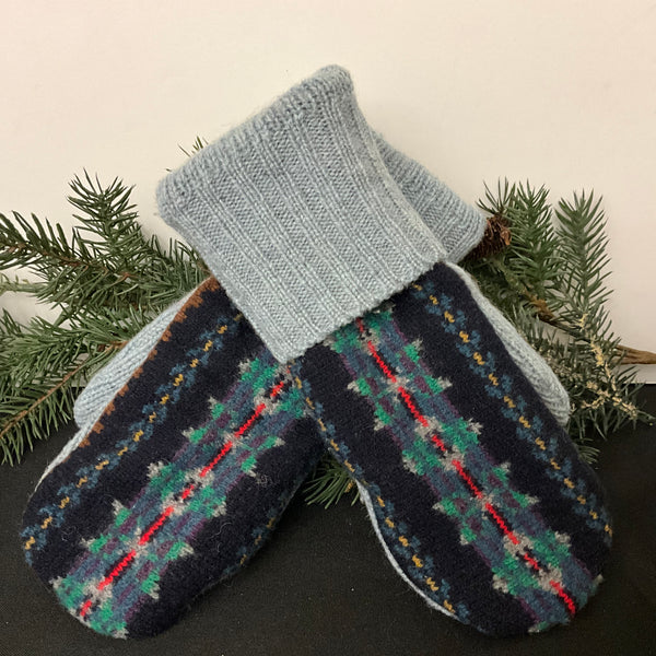 “Upcycled" Wool Mittens Green, Red, Blue Vertical Pattern on Black