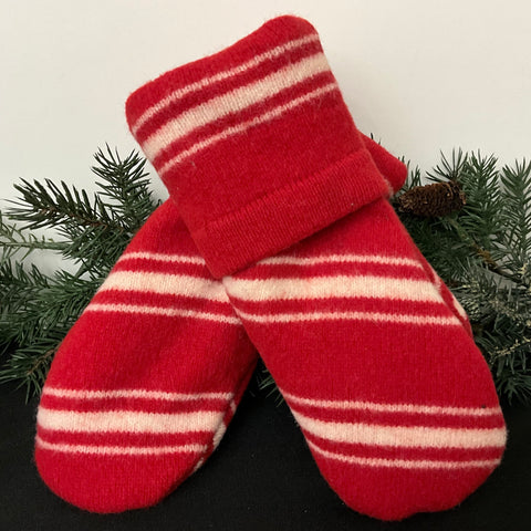 “Upcycled" Boiled Wool Mittens in Red with White Stripes