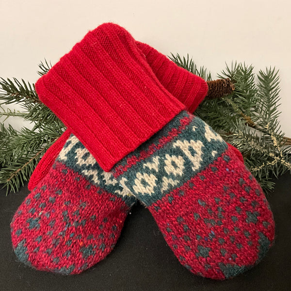 “Upcycled" Wool Mittens in Red, Green & White Design