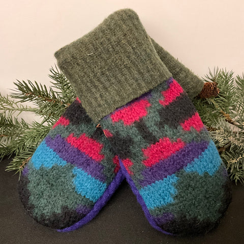 “Upcycled" Wool Mittens Bright Multicolors w Olive Cuff