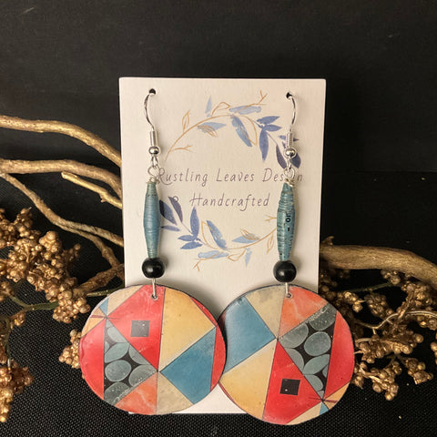 lg. Blue & Red Geometric Circle Earrings