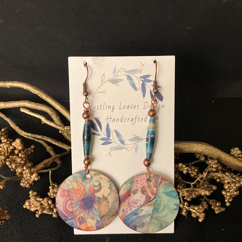 long drop Blue & Rainbow Floral Circle earrings