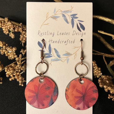 Bright Coral Pink Floral Circle Earrings