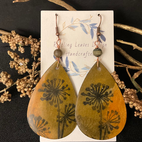 Lg Gold & Olive Floral Teardrop Earrings