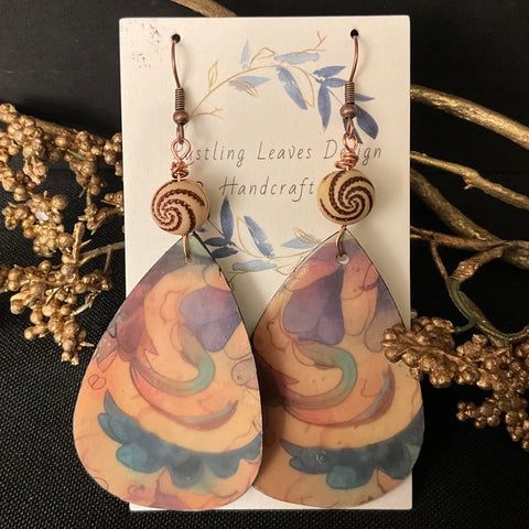 Teal & Tan lg floral Teardrop Earrings