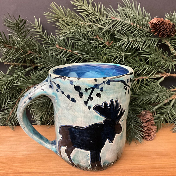 Mug with Carved Black Moose in Woods