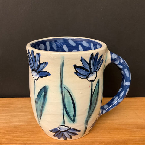 Mug White w Blue Flowers & Dark Blue Interior