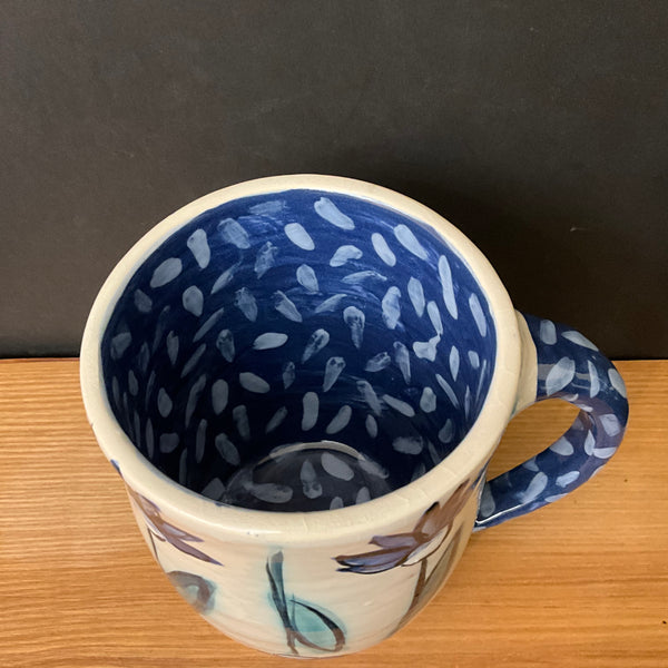 Mug White w Blue Flowers & Dark Blue Interior