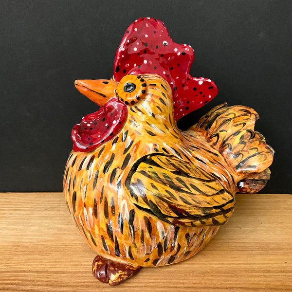 Ceramic Hen  in Yellow, Black & Red