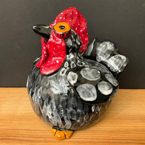 Ceramic Hen  in Black, White & Red