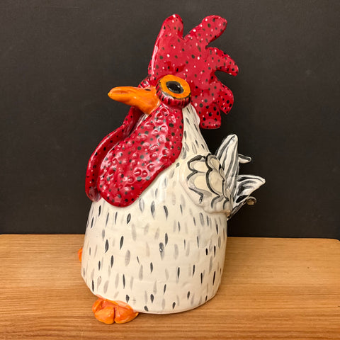 Ceramic Rooster in White, Black & Red