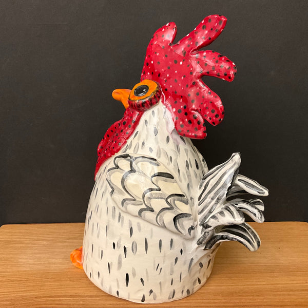 Ceramic Rooster in White, Black & Red