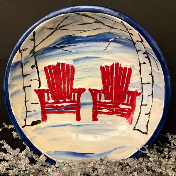 Deep Plate Winter Scene w Red Adirondack Chairs