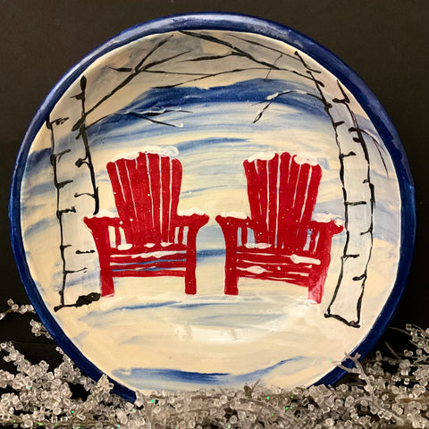 Deep Plate Winter Scene w Red Adirondack Chairs