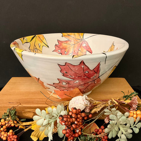 Large Deep White Bowl with Autumn Leaves